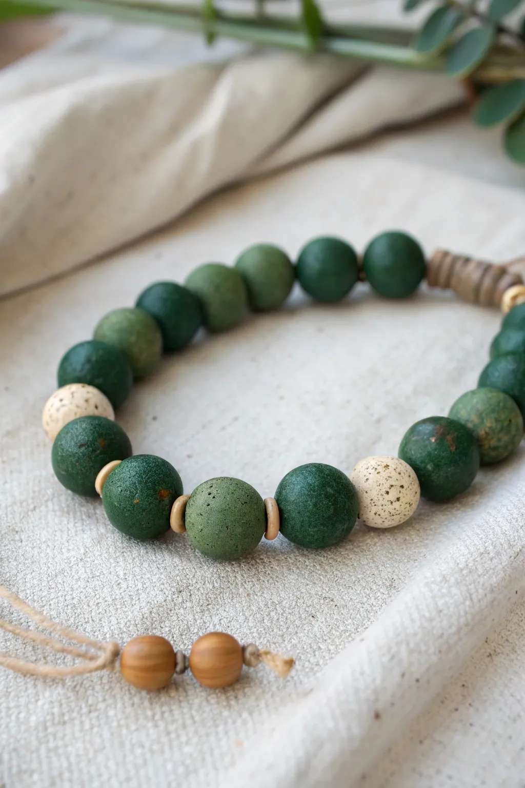 Cafe Matcha bracelet: deep forest green, creamy beads, and tan accents on soft linen.