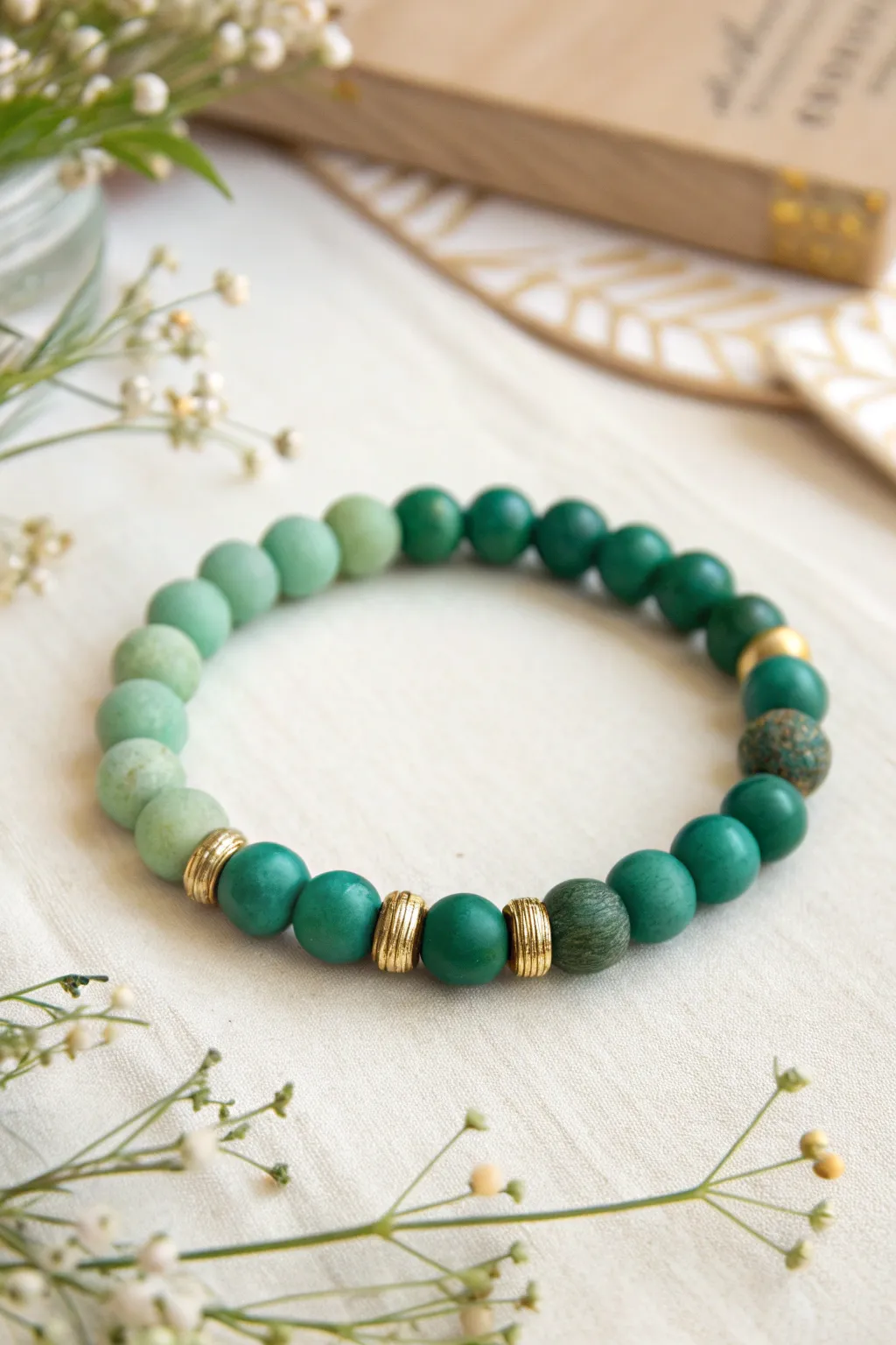 Mint-and-emerald color-block clay bracelet with sleek gold spacers, minimalist with boho charm.