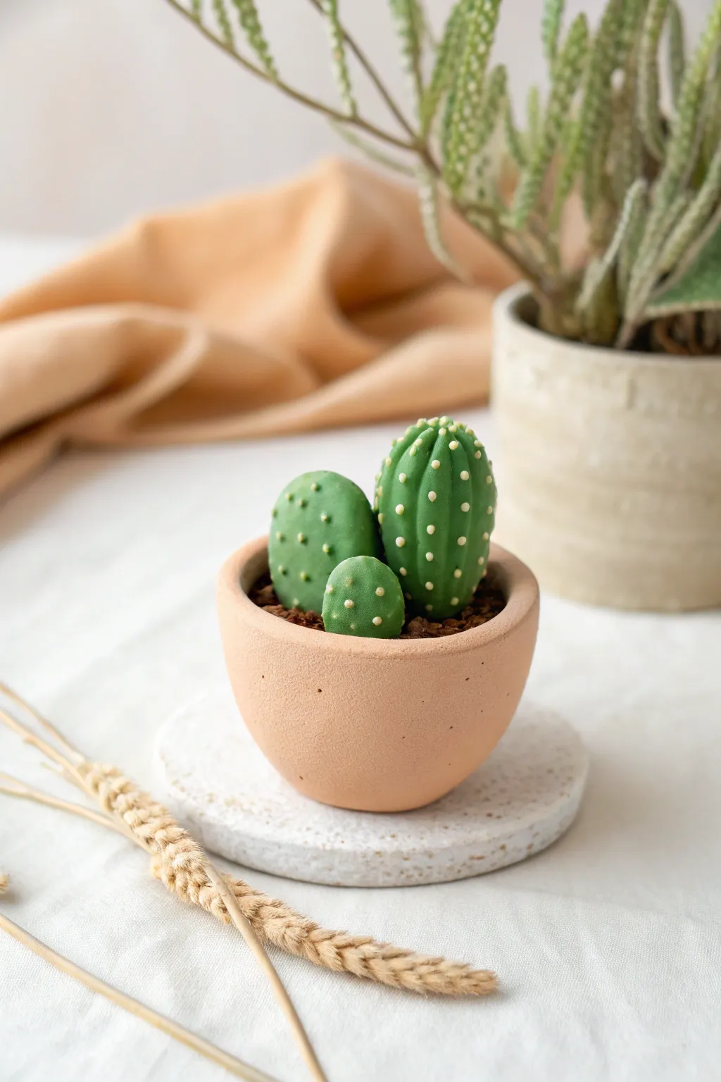 Sweet mini cactus characters in a neutral pot, simple polymer clay charm with bold green contrast.