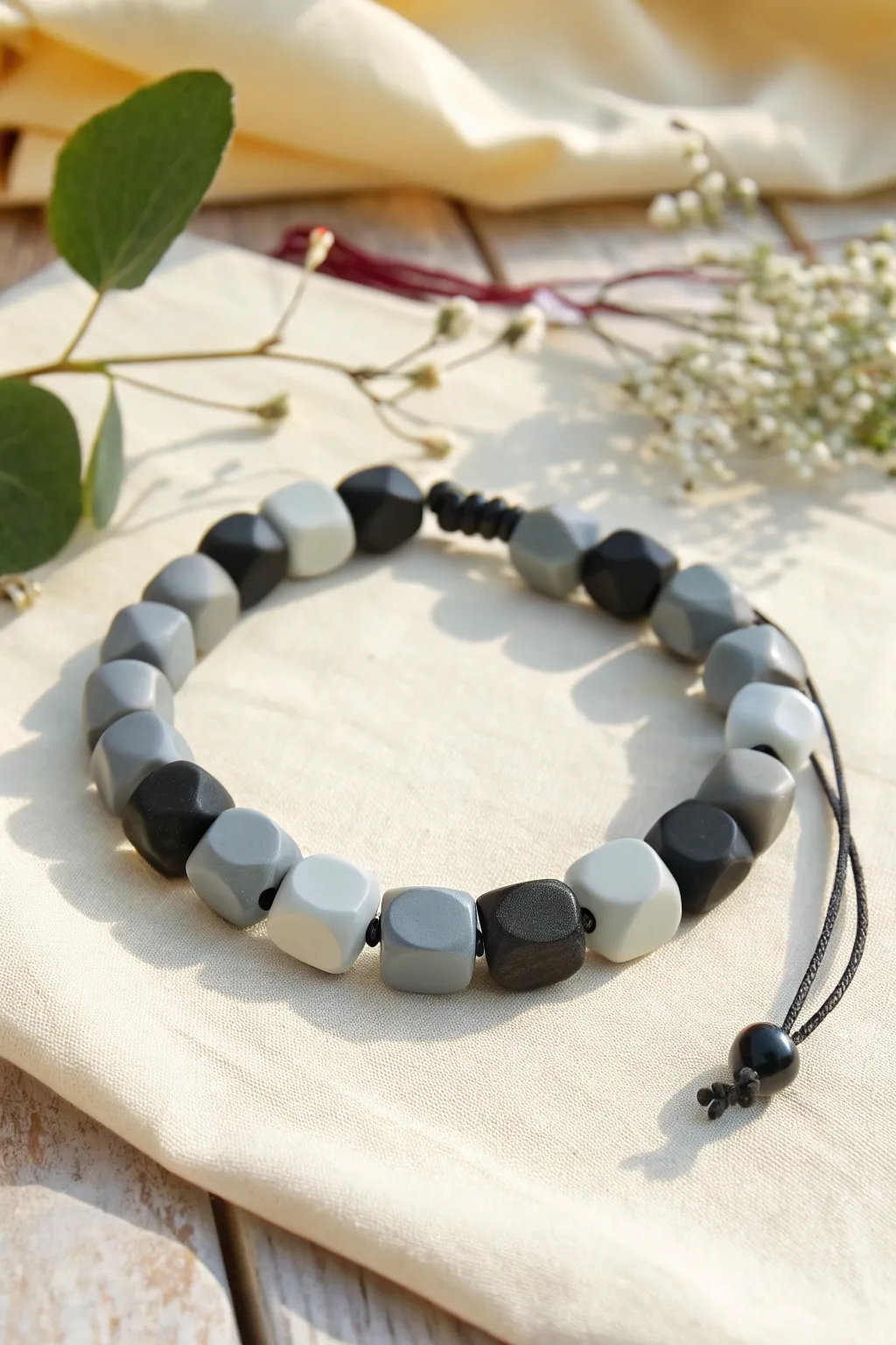 Bold grey and black color-block clay bead bracelet, minimalist style with striking contrast.