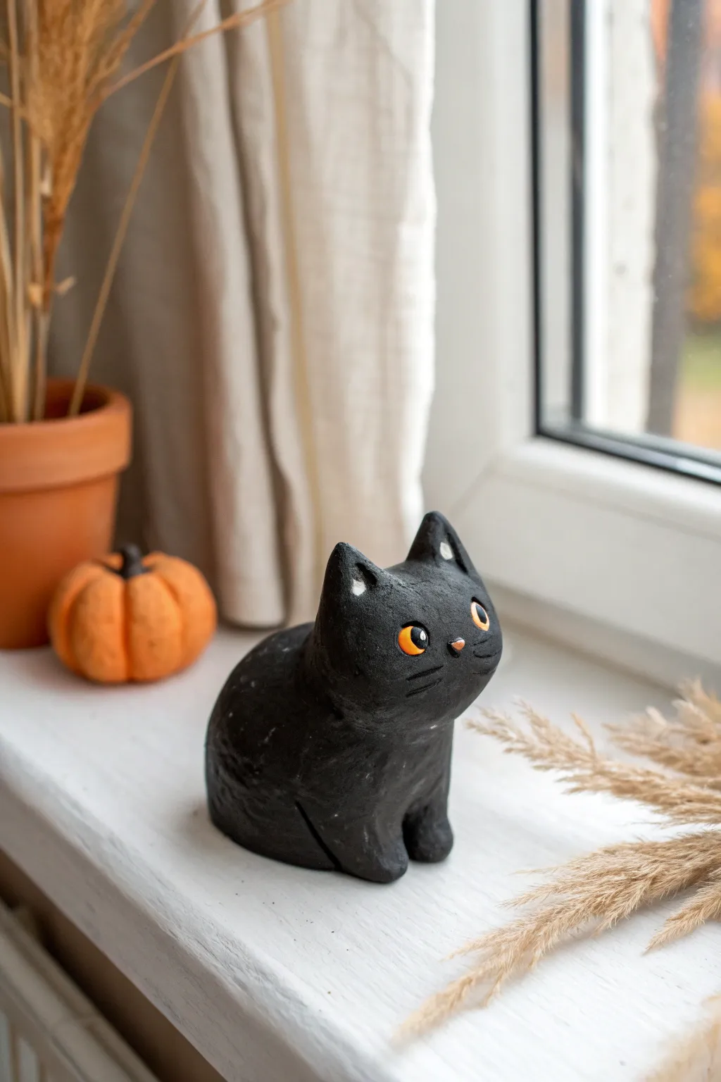 Chunky matte black clay cat with curled tail, perfect easy Halloween air dry clay project for kids
