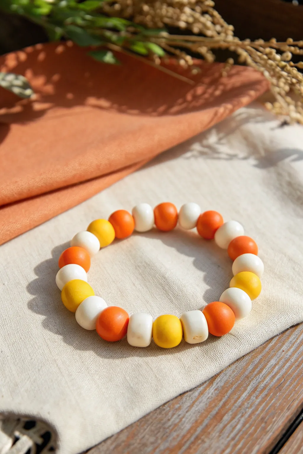 Candy corn color-block polymer clay bracelet in warm autumn tones, simple and bold.
