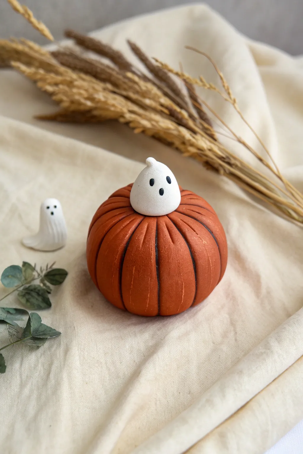 Cute clay ghost popping out of a mini pumpkin, a simple spooky-chic Halloween desk decor.