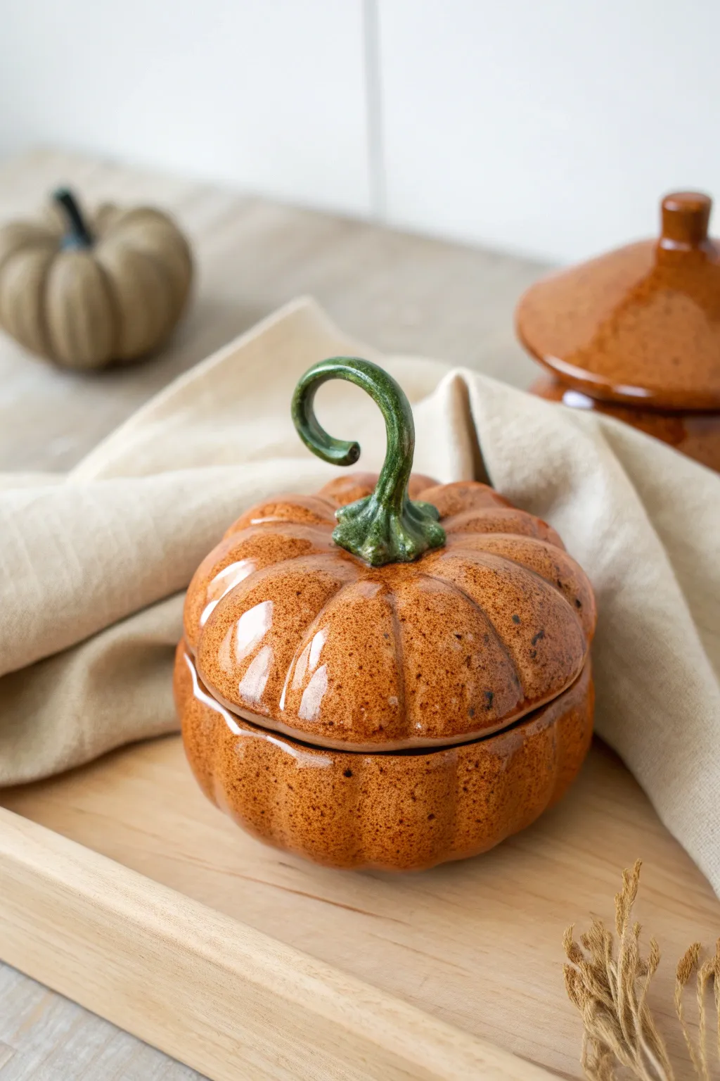 Twisted-stem pumpkin pinch pot with curling vines, warm light, bold color, minimal styling
