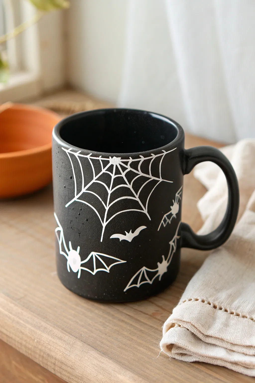 Matte black mug with crisp white webs and tiny bats, a chic spooky touch for Halloween.