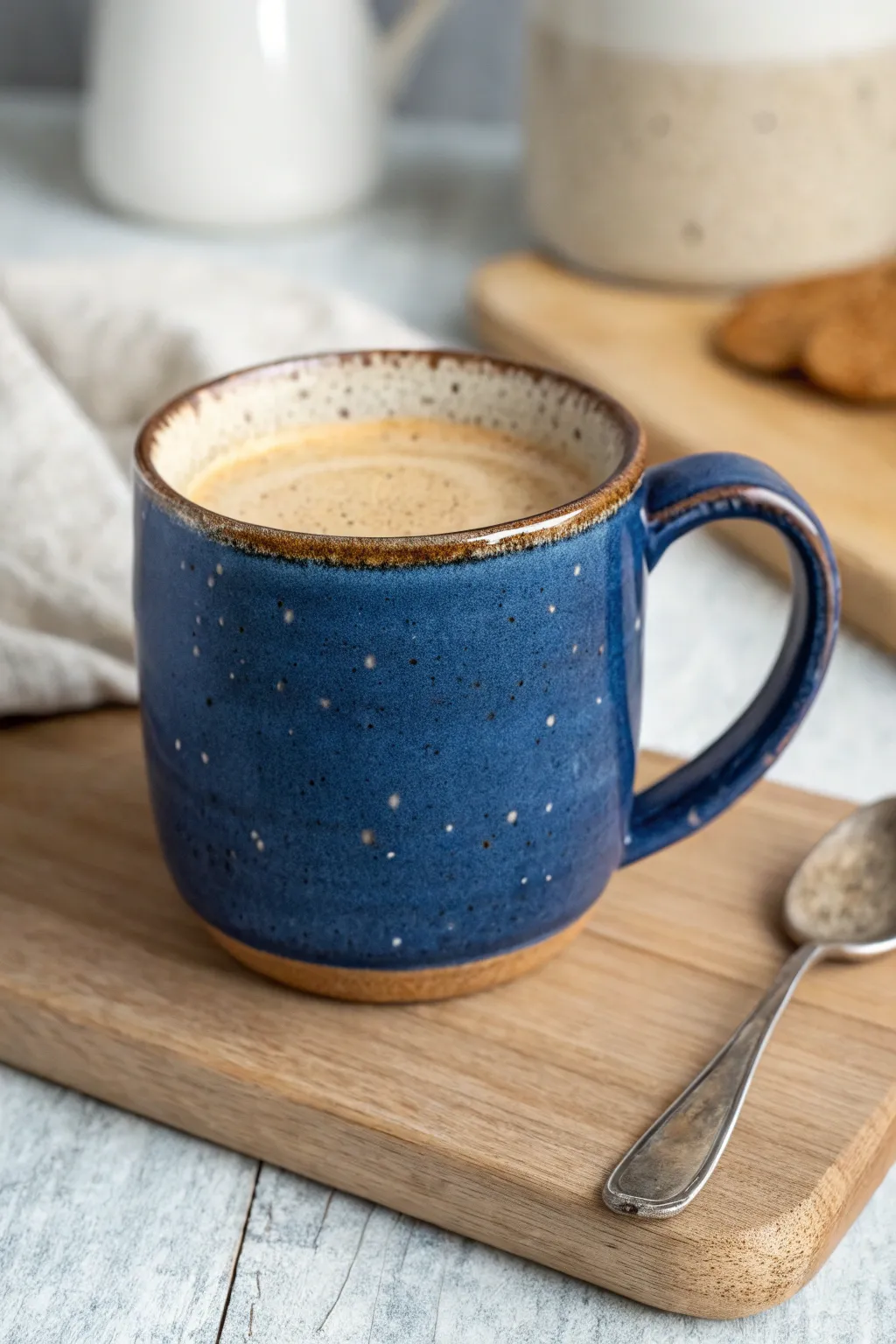 Chunky slab-built mug with hand-formed handle in bold glaze, styled simply on warm wood.