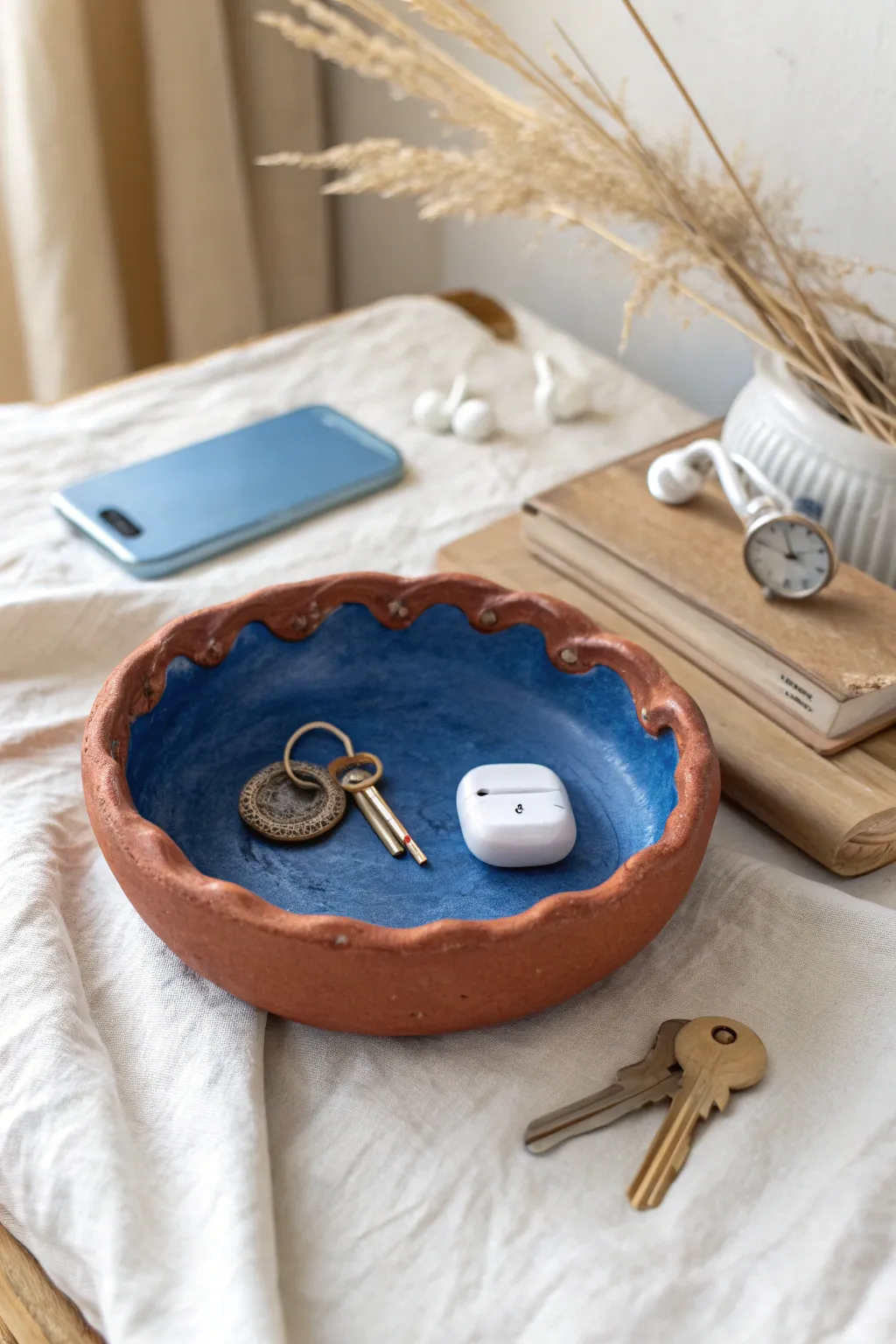 Wavy hand-shaped clay catchall tray in bold blue glaze, holding keys and earbuds on a wood dresser.