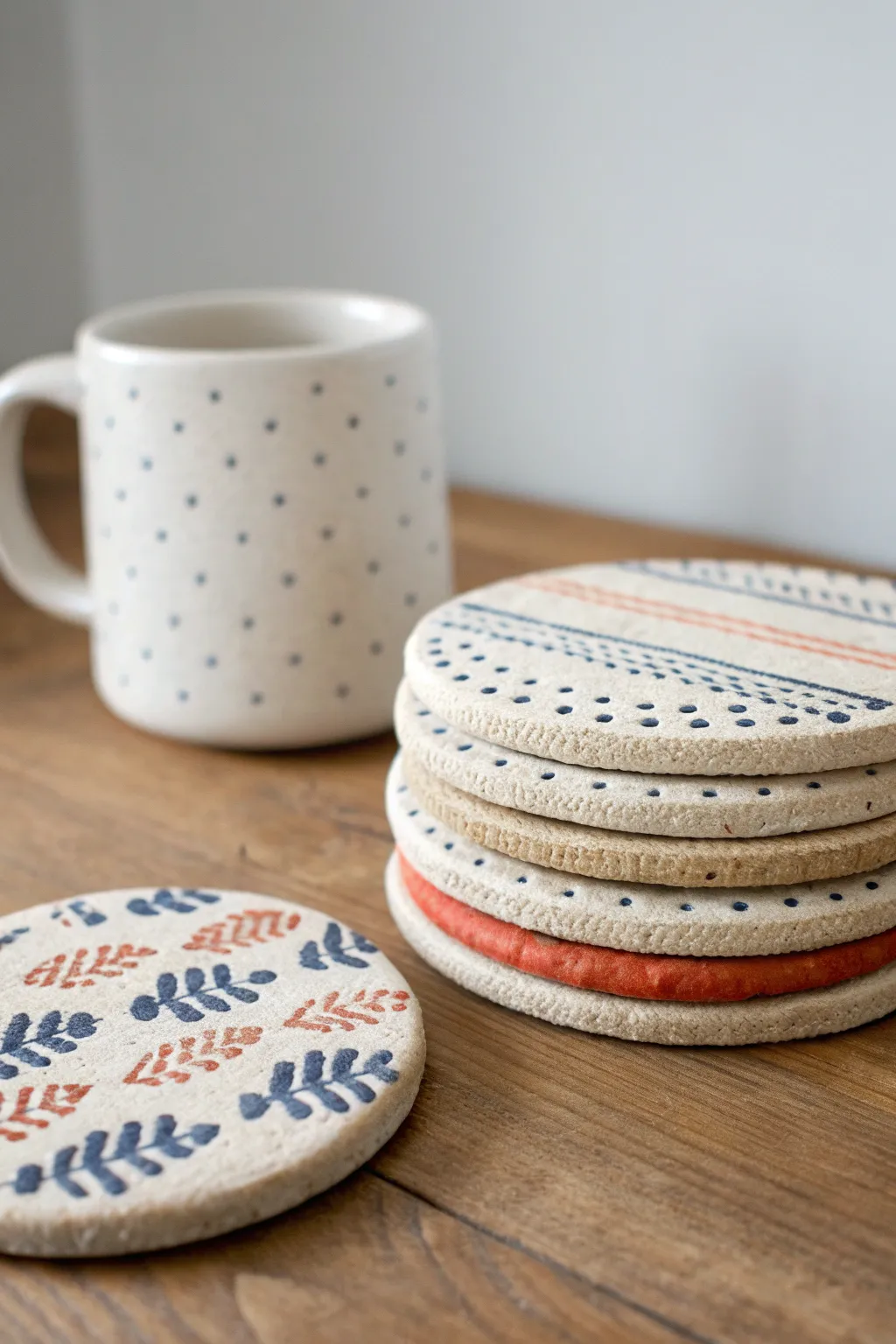 Stamped clay coasters with simple textures, stacked neatly for a cozy minimalist coffee nook.