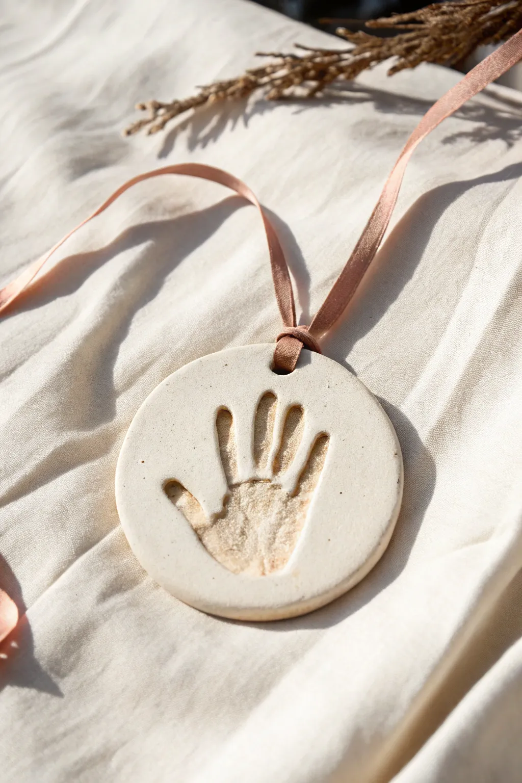 Warm minimalist handprint ornament with darker outline wash for crisp, high-contrast detail