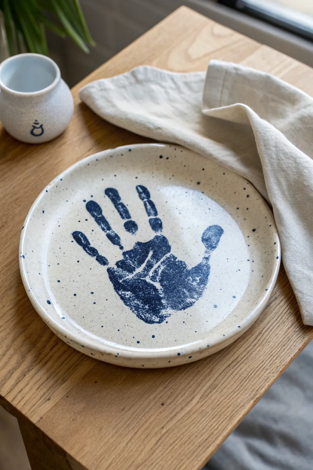 Bold handprint plate in deep navy on creamy stoneware—simple, heartfelt Father’s Day gift.
