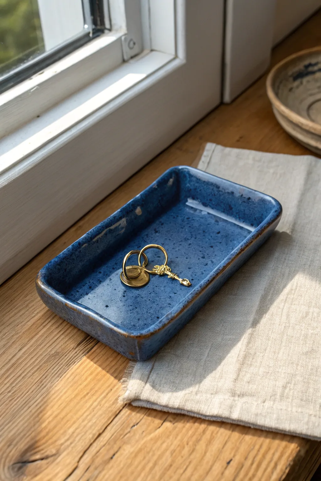 Crisp hard slab tray with mitered corners, matte glaze, and a simple spot for keys and rings.