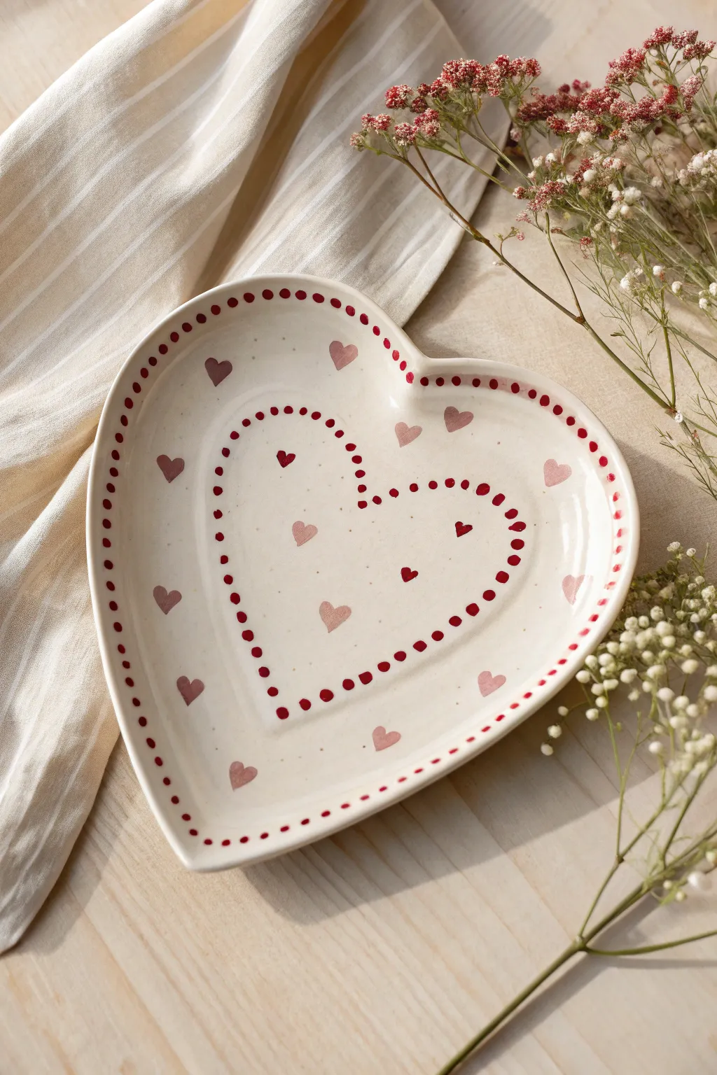 Sweet heart plate with tiny polka-dot hearts in pink and red, simple and chic boho vibes.