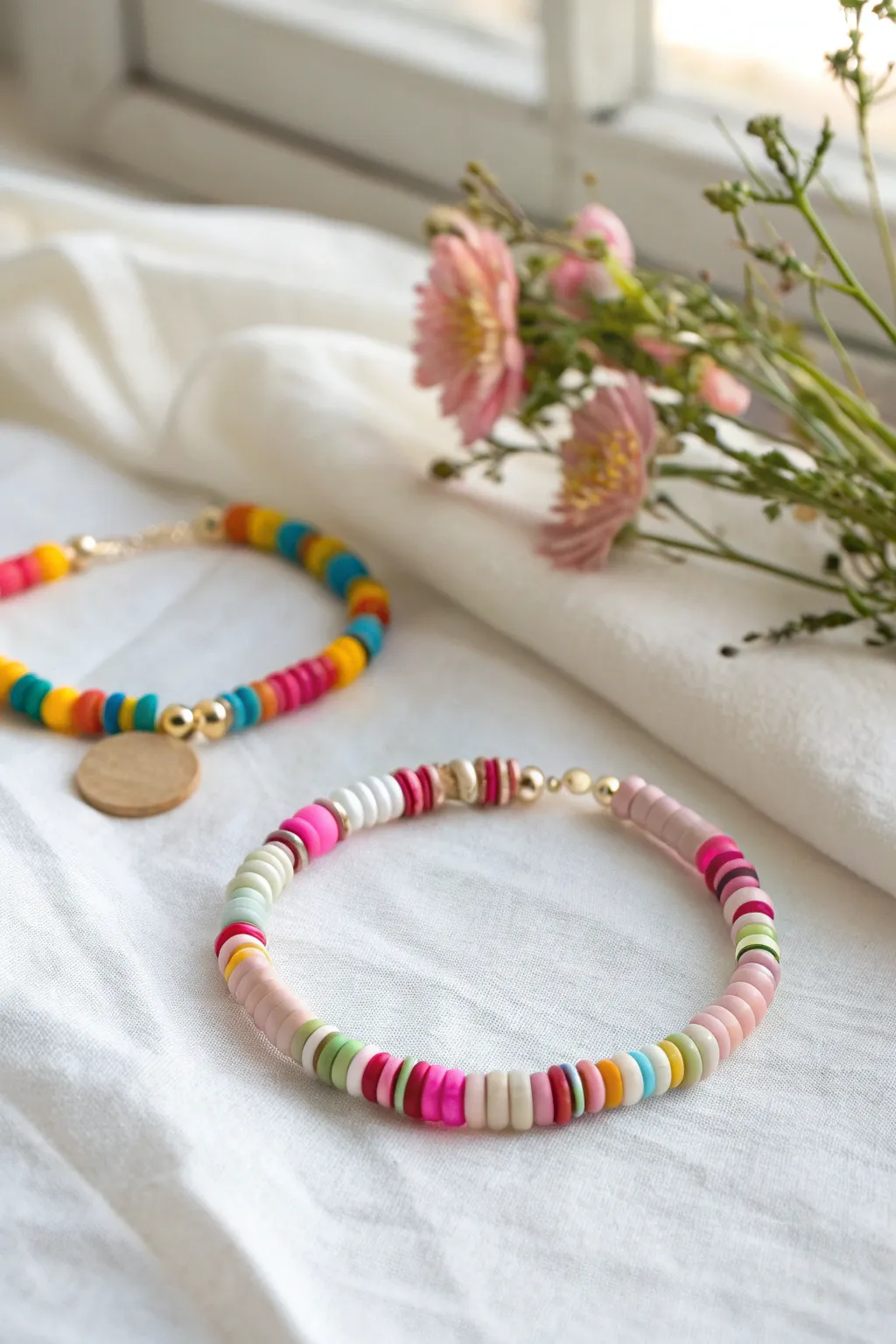 Happy confetti heishi bracelets: bold random mix with a softer twin on bright white linen.