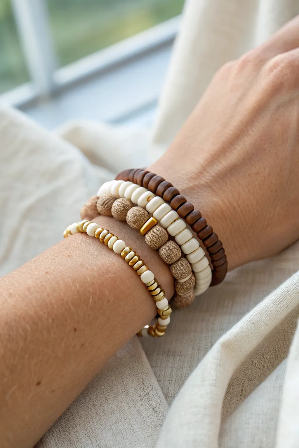 Cream to cocoa heishi stack with golden spacers, minimal boho warmth on a linen wrist.