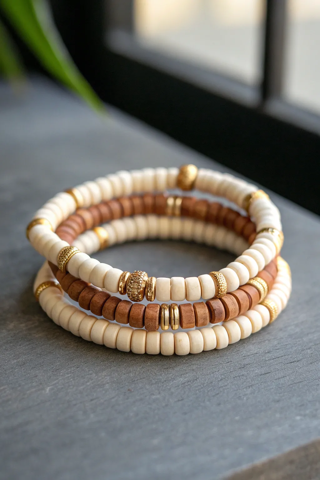 Neutral heishi clay bead bracelet stack in cream, tan, and cocoa, finished with brass spacers.