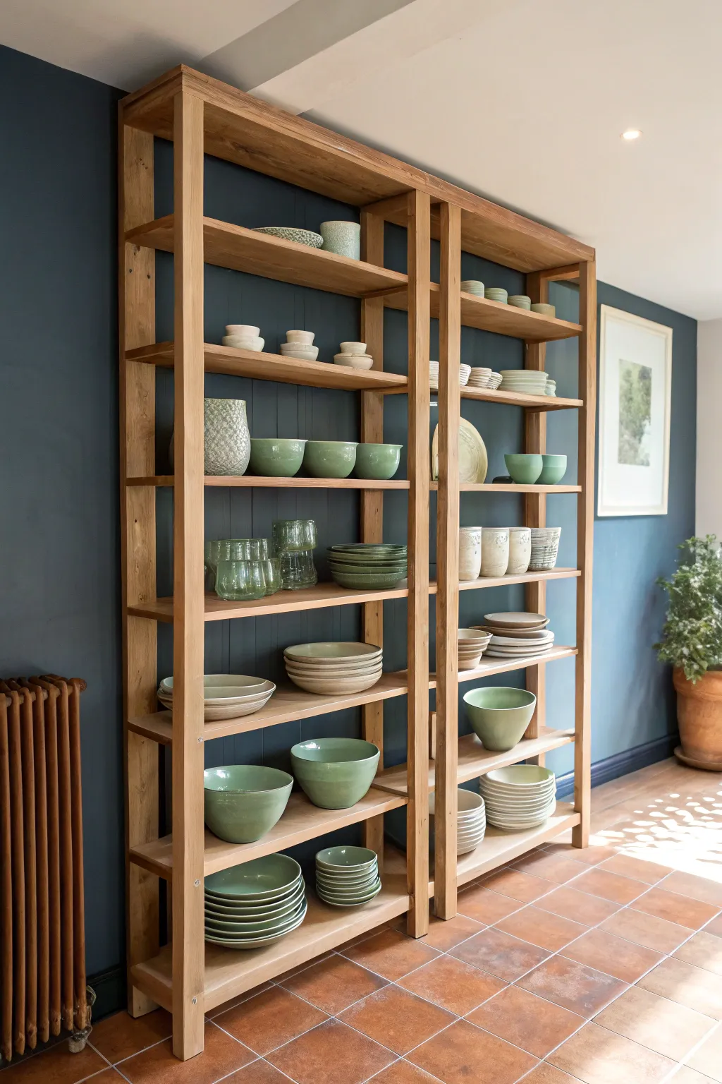Go vertical with open shelves to store greenware and bisque neatly, airy, and always within reach.