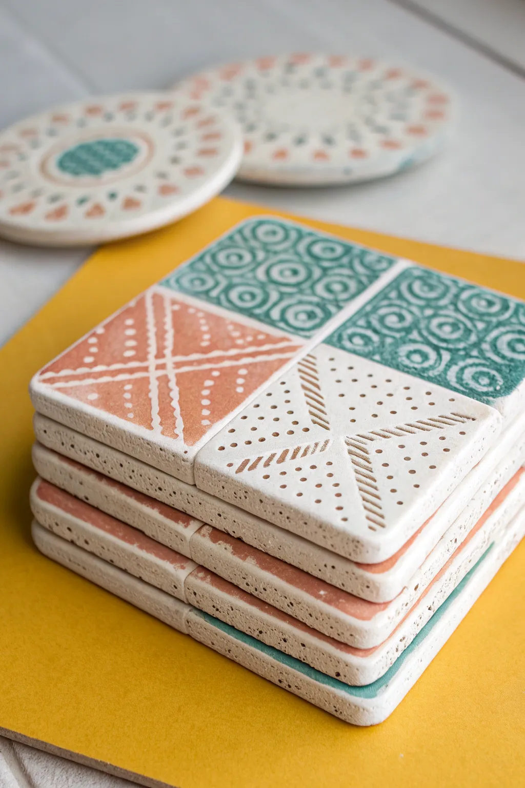 Stamped clay coasters in bold colors, minimal boho styling for an easy homemade project.