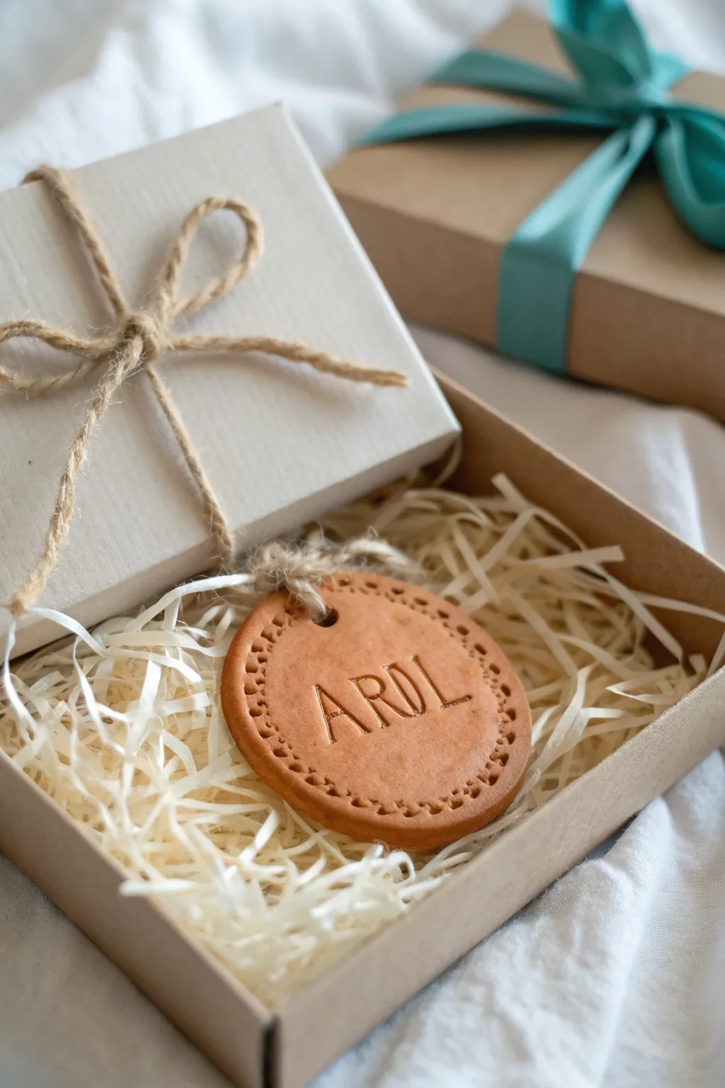 Gift-ready clay family name ornament with stamped initials and twine, styled in a minimalist box