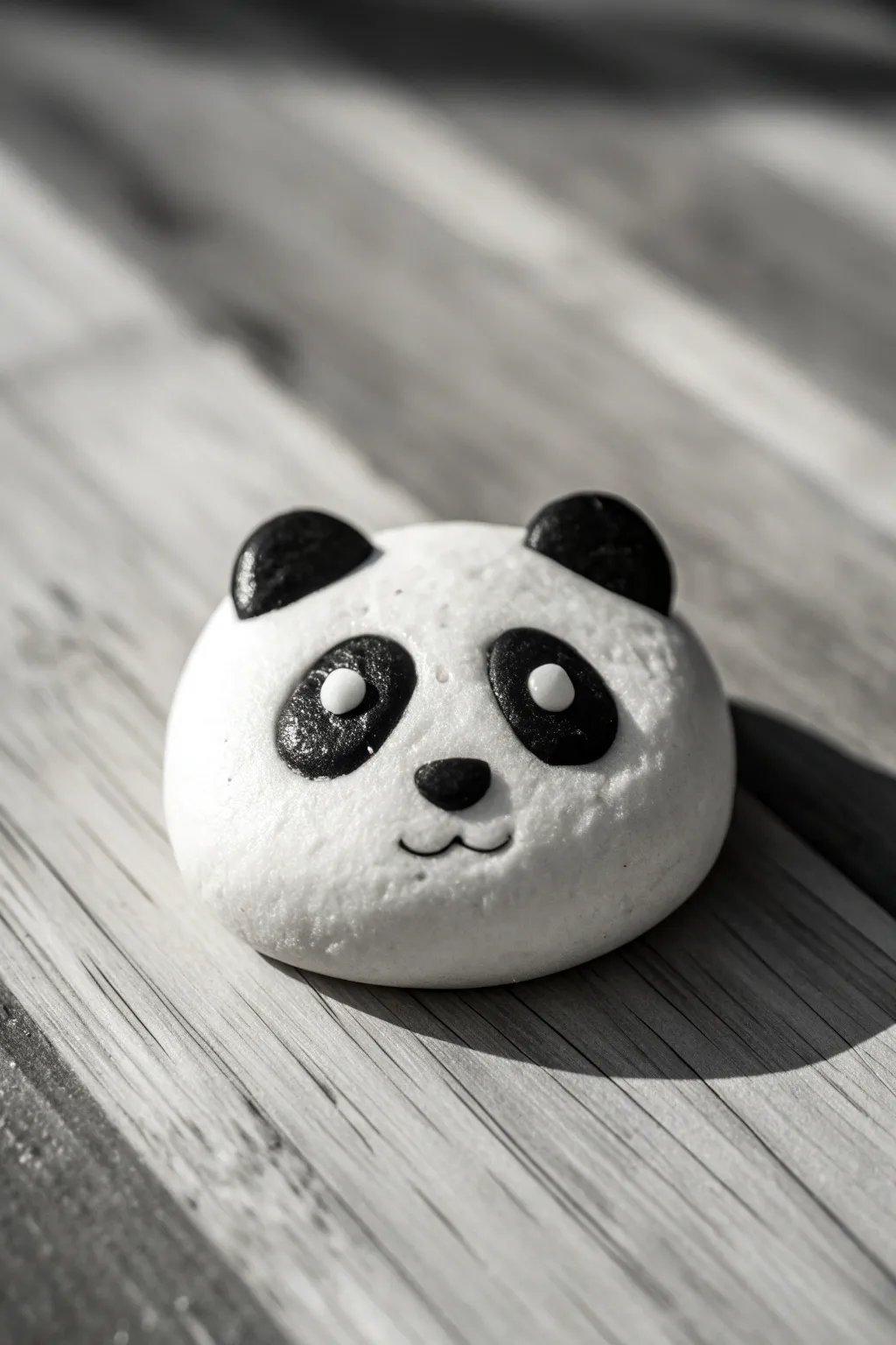 Round panda face air-dry clay animal with bold patches, simple shapes, and a clean minimalist look.