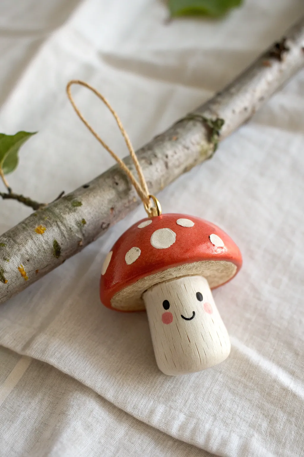 Tiny clay mushroom buddy ornament in soft red and cream, minimalist boho charm for your tree.
