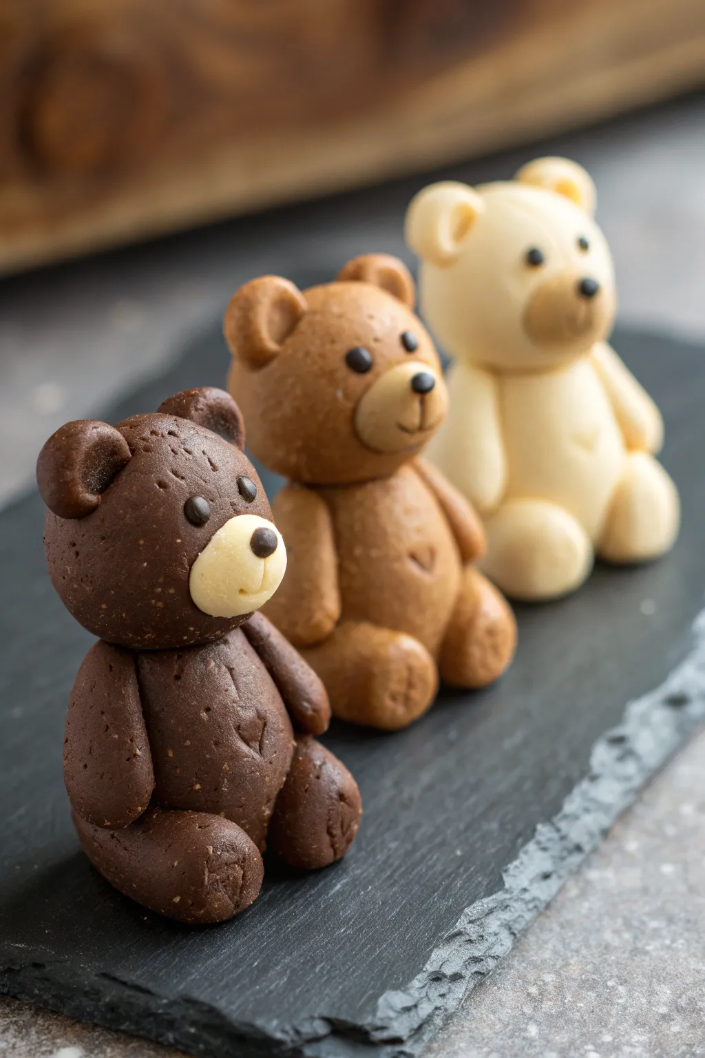 Mini teddy bear pocket pals in warm neutrals, simple dots and snouts, sweet beginner clay art.