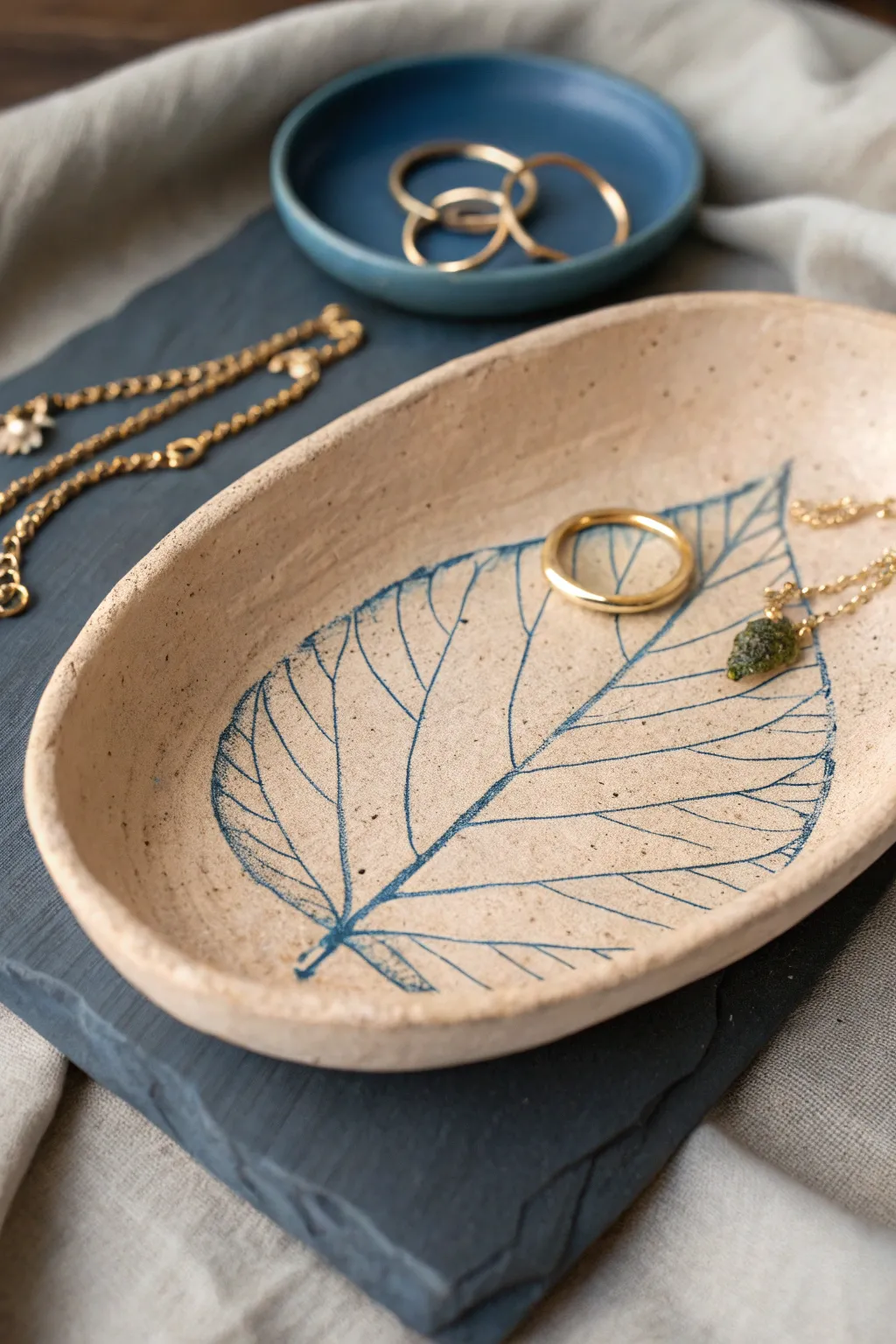 Minimal leaf-imprint clay tray with a soft color wash, perfect for rings and earrings.