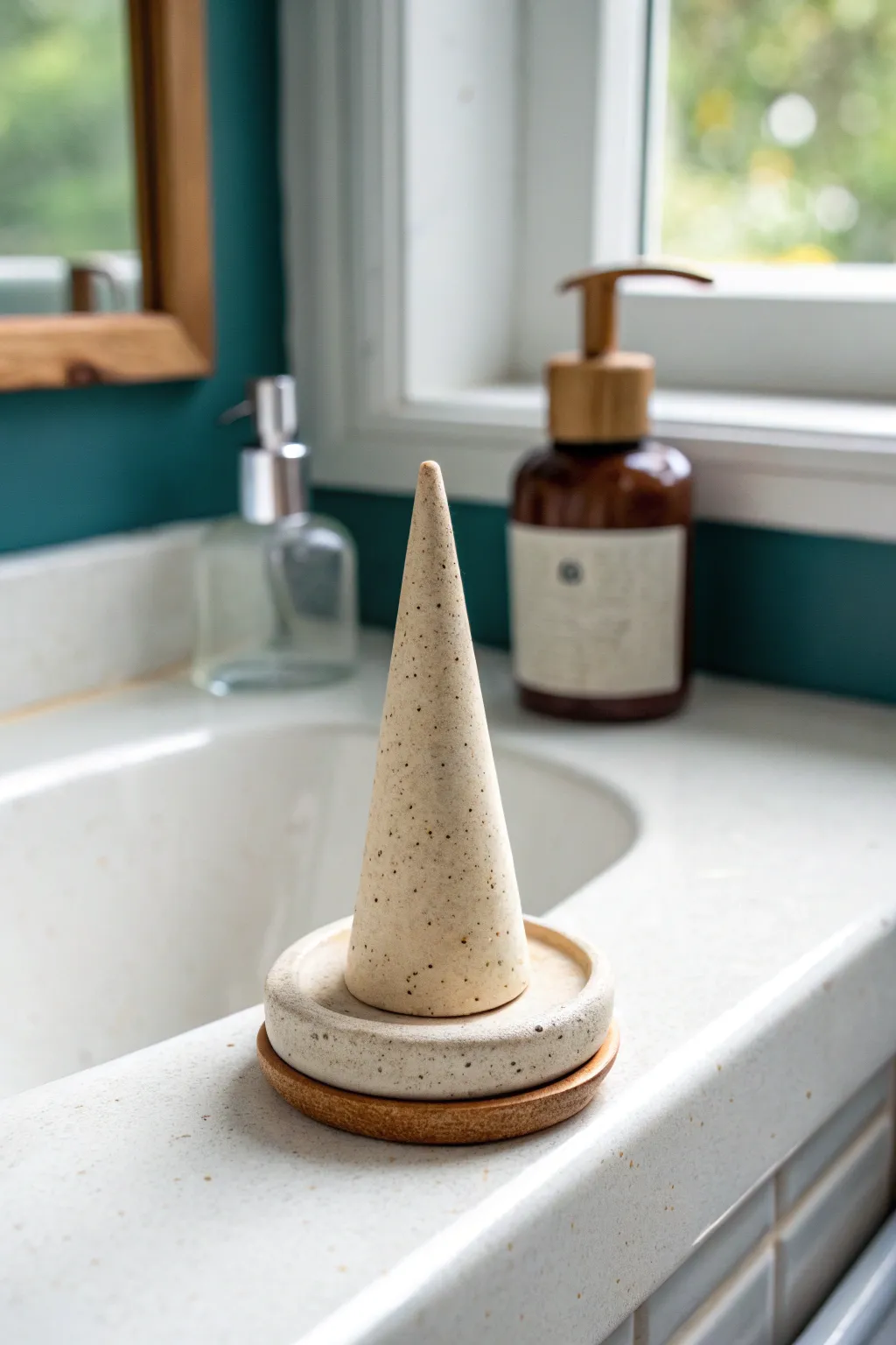 Minimal clay ring cone holder by the sink, a chic spot to keep jewelry safe while washing up.