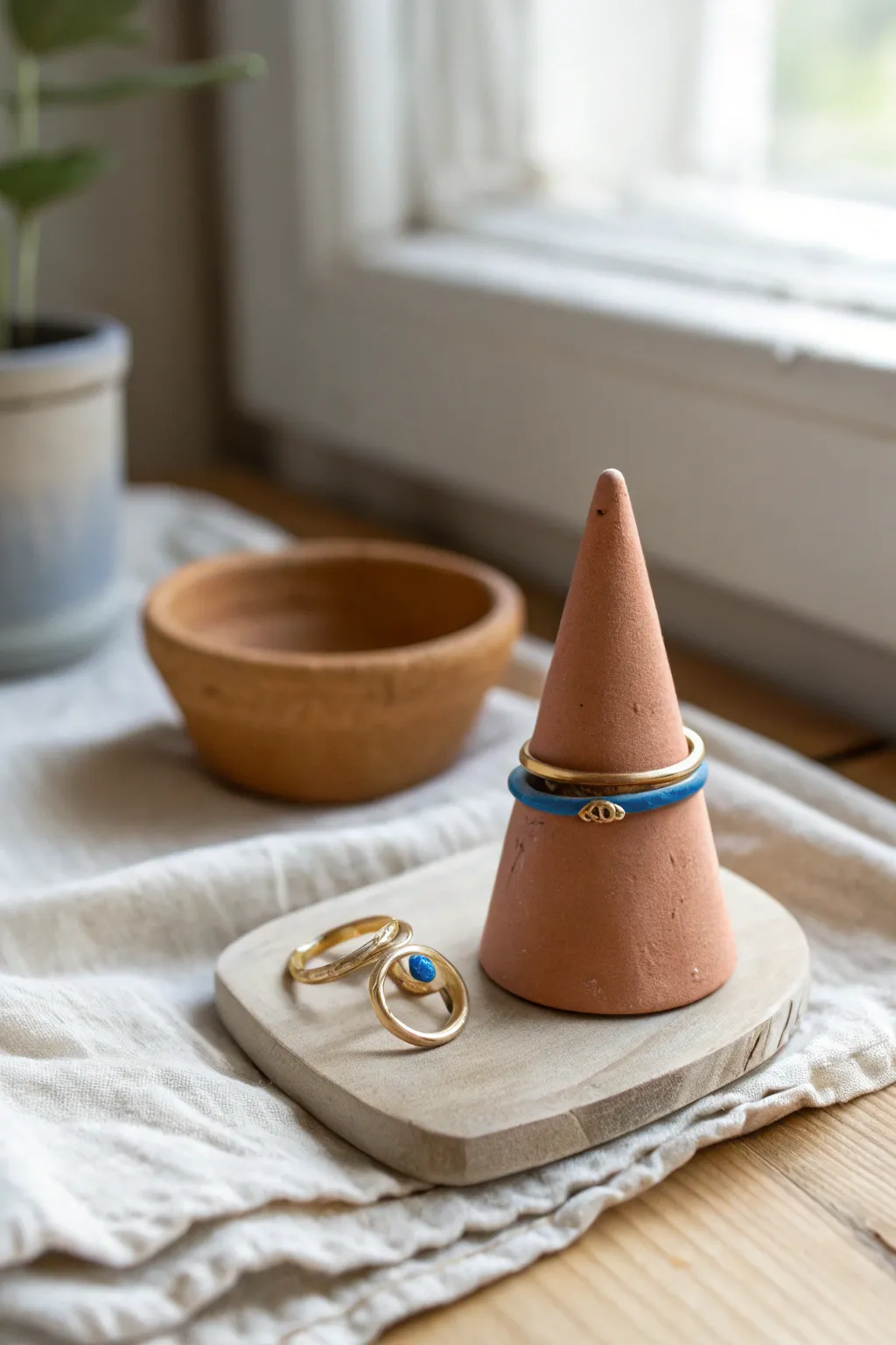 Minimal air-dry clay ring cone holder with bold tip, styled on a light wood vanity for Nordic calm.