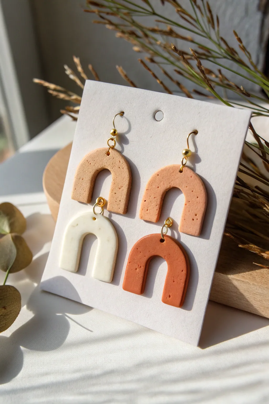 Simple polymer clay earrings in modern arches and circles, neutral tones with bold contrast.