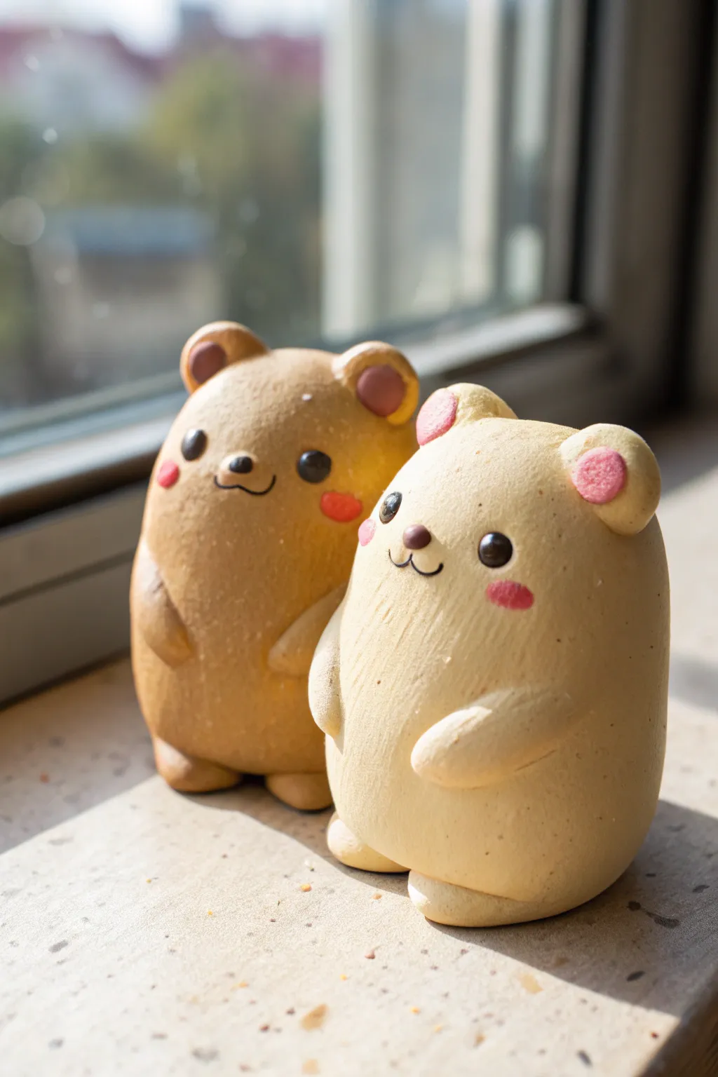 Sweet kawaii blob bears with blush cheeks, cozy clay colors, and clean Nordic-boho contrast.