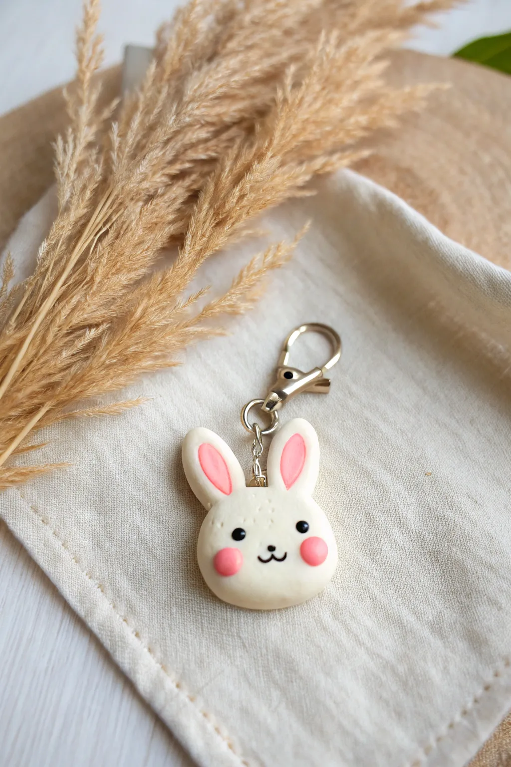 Cute kawaii bunny charm in blush and cream, simple air dry clay project kids can make.