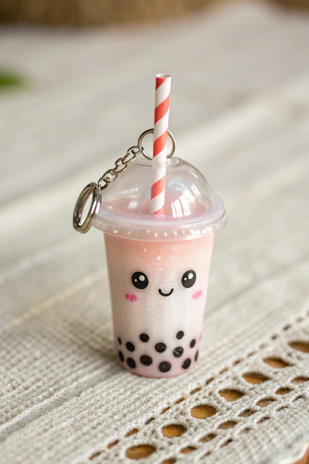 Pastel kawaii bubble tea clay charm with tiny face and boba dots, minimalist Scandi boho mood