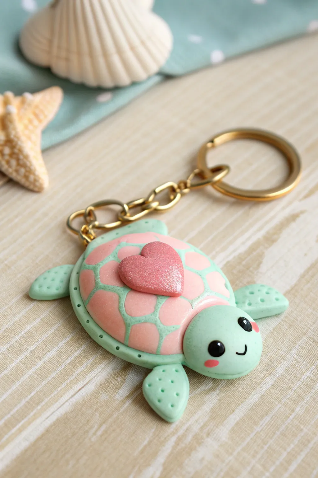 Tiny kawaii sea turtle keychain with heart shell, bold colors, minimalist Scandinavian vibe.