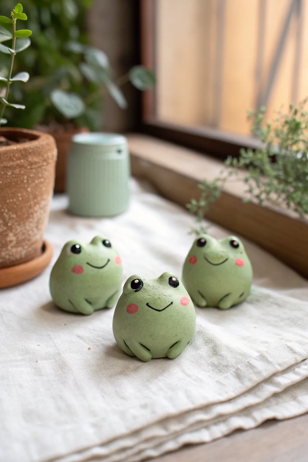 Tiny smiling frog friends in soft green, minimalist and boho, perfect kawaii clay decor.