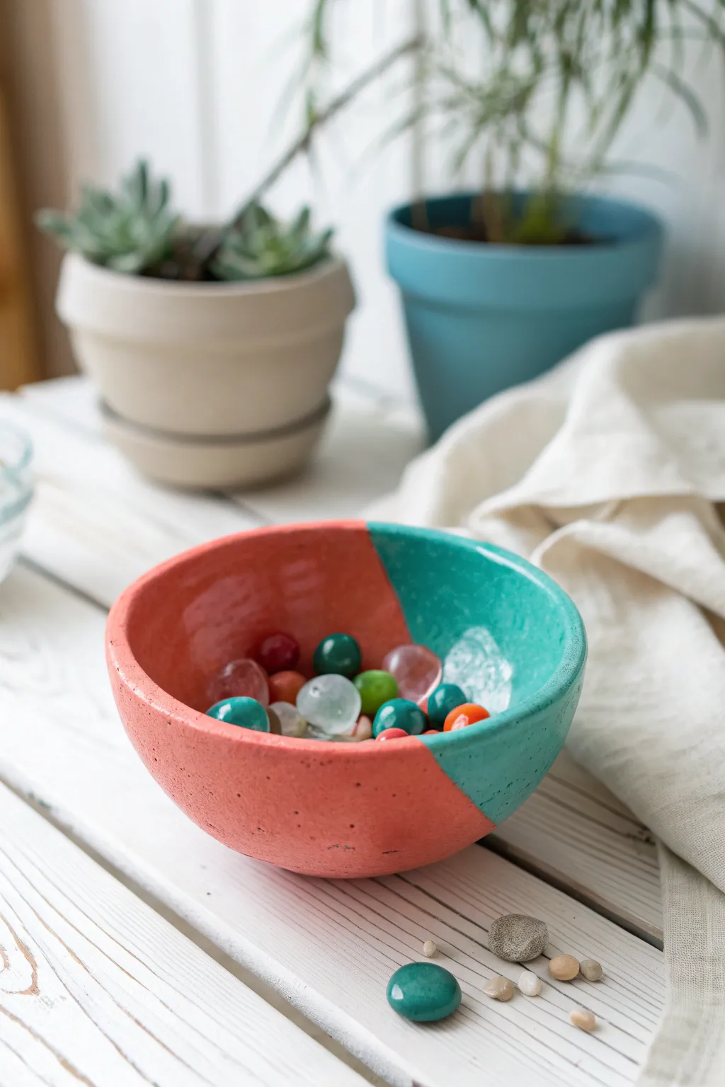 Bright wonky pinch pot treasure bowl filled with marbles, a sweet beginner clay project for kids