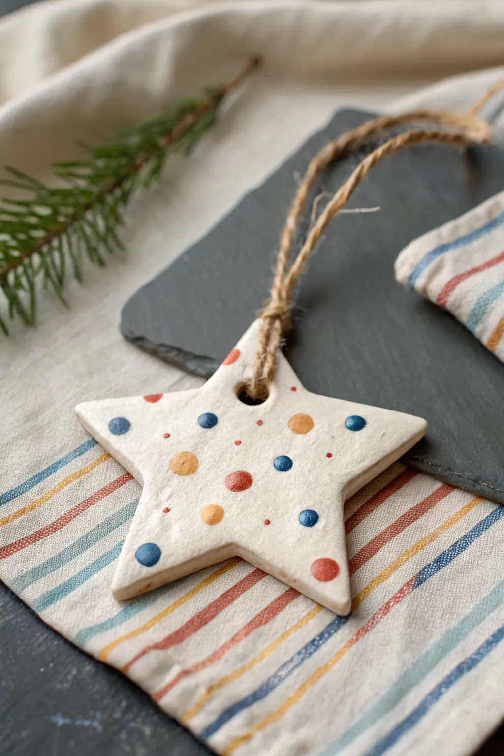 Easy air-dry clay star ornament with simple painted pattern, perfect for kids name tags