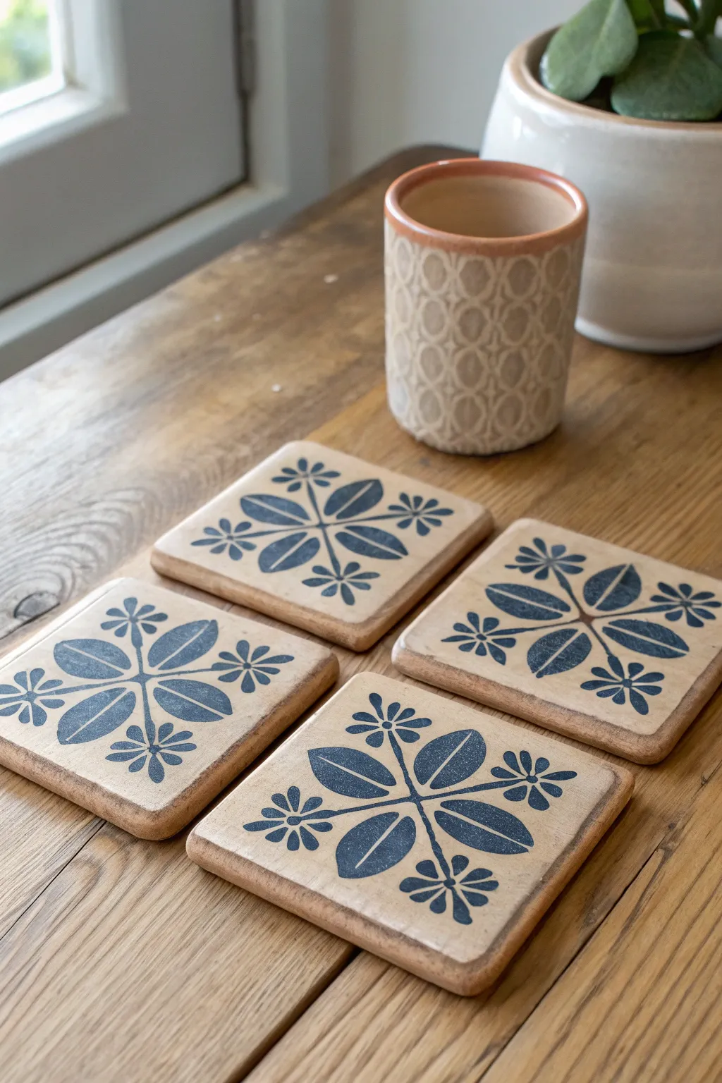 Kiln-fired stamped coasters with clear glaze that catches the light for crisp, tactile texture.