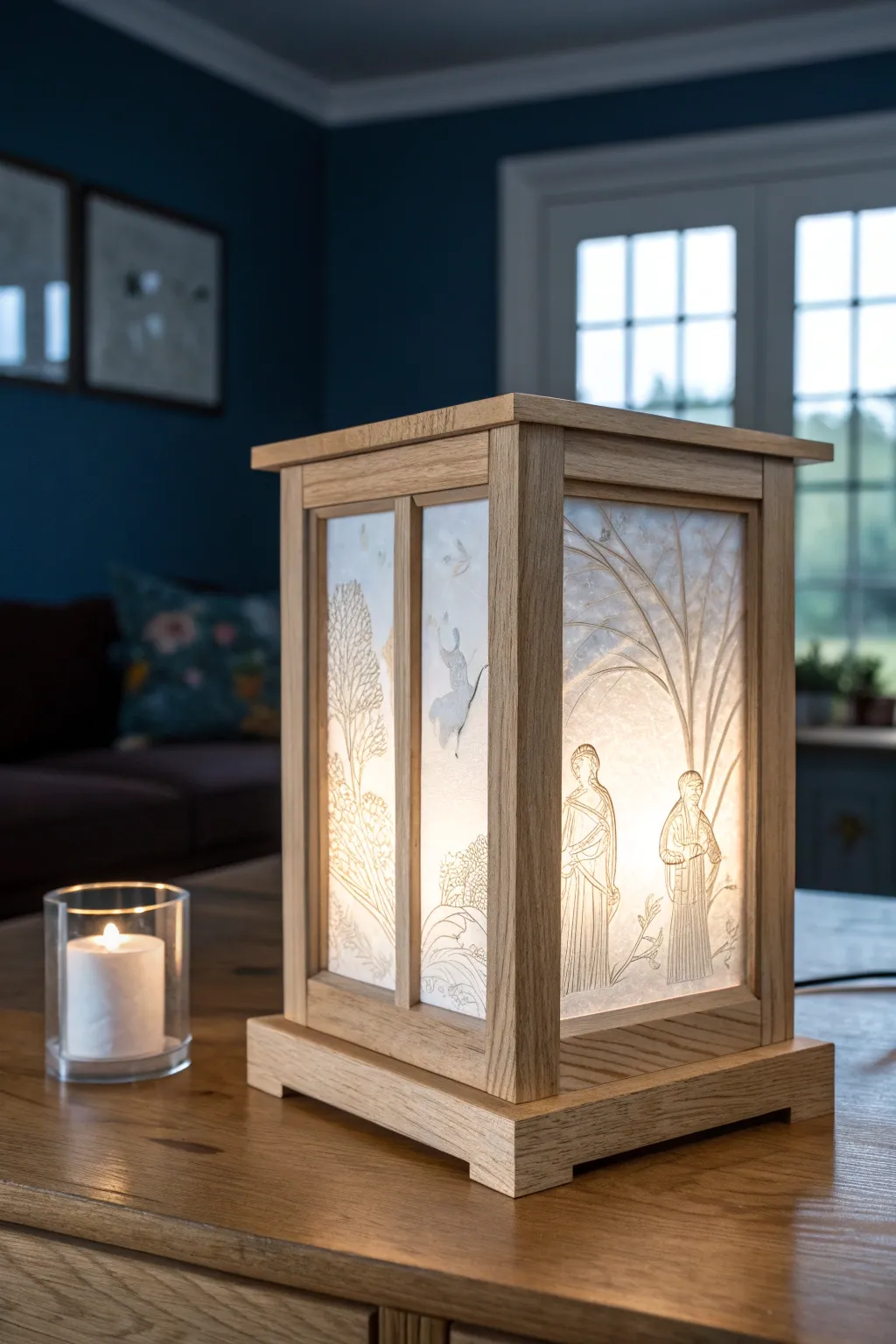 Four-sided porcelain lithophane lantern box glowing with four photos, minimalist Nordic boho mood