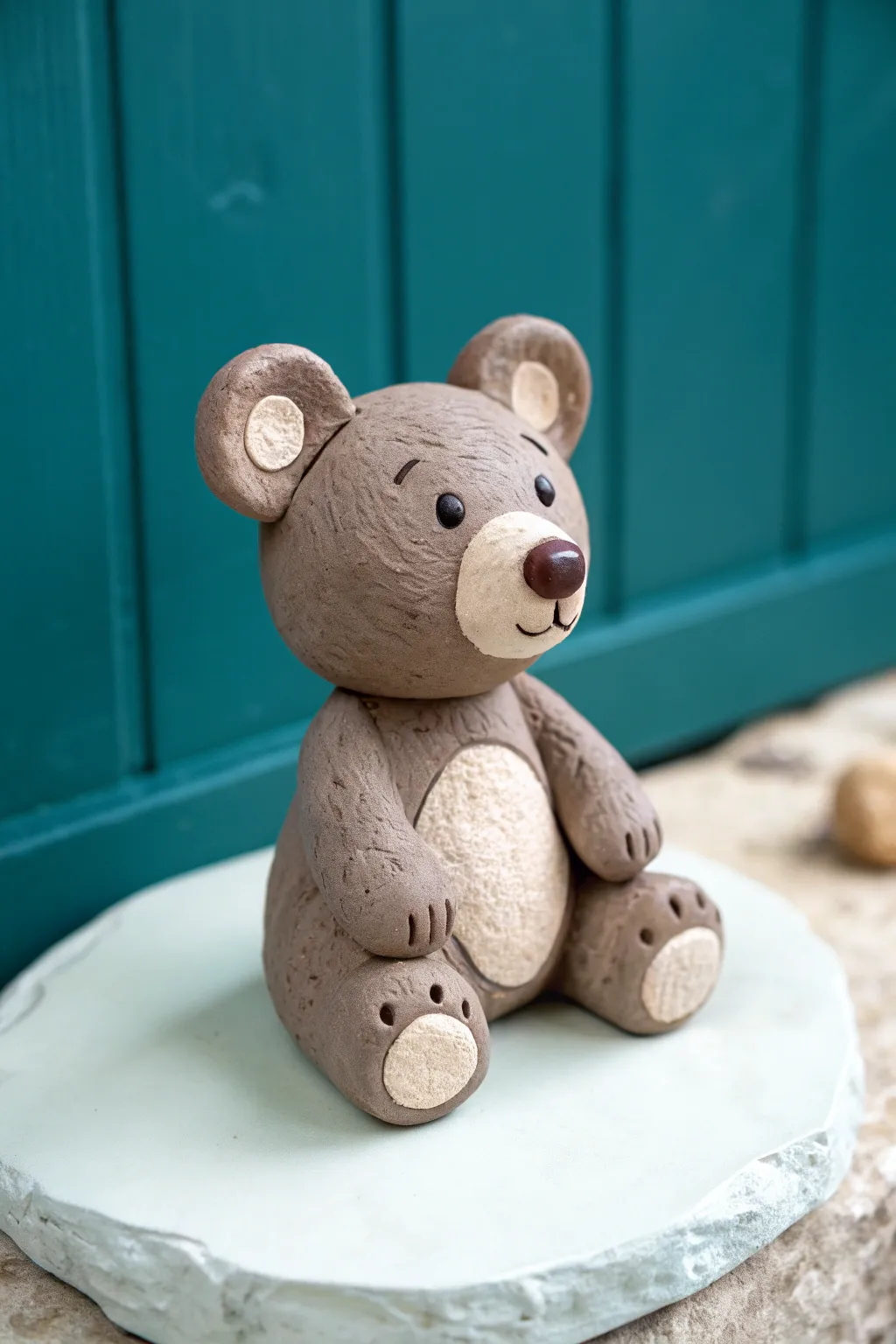 Two tone clay bear cub with big head and tiny paws, minimalist Scandinavian boho vibe.