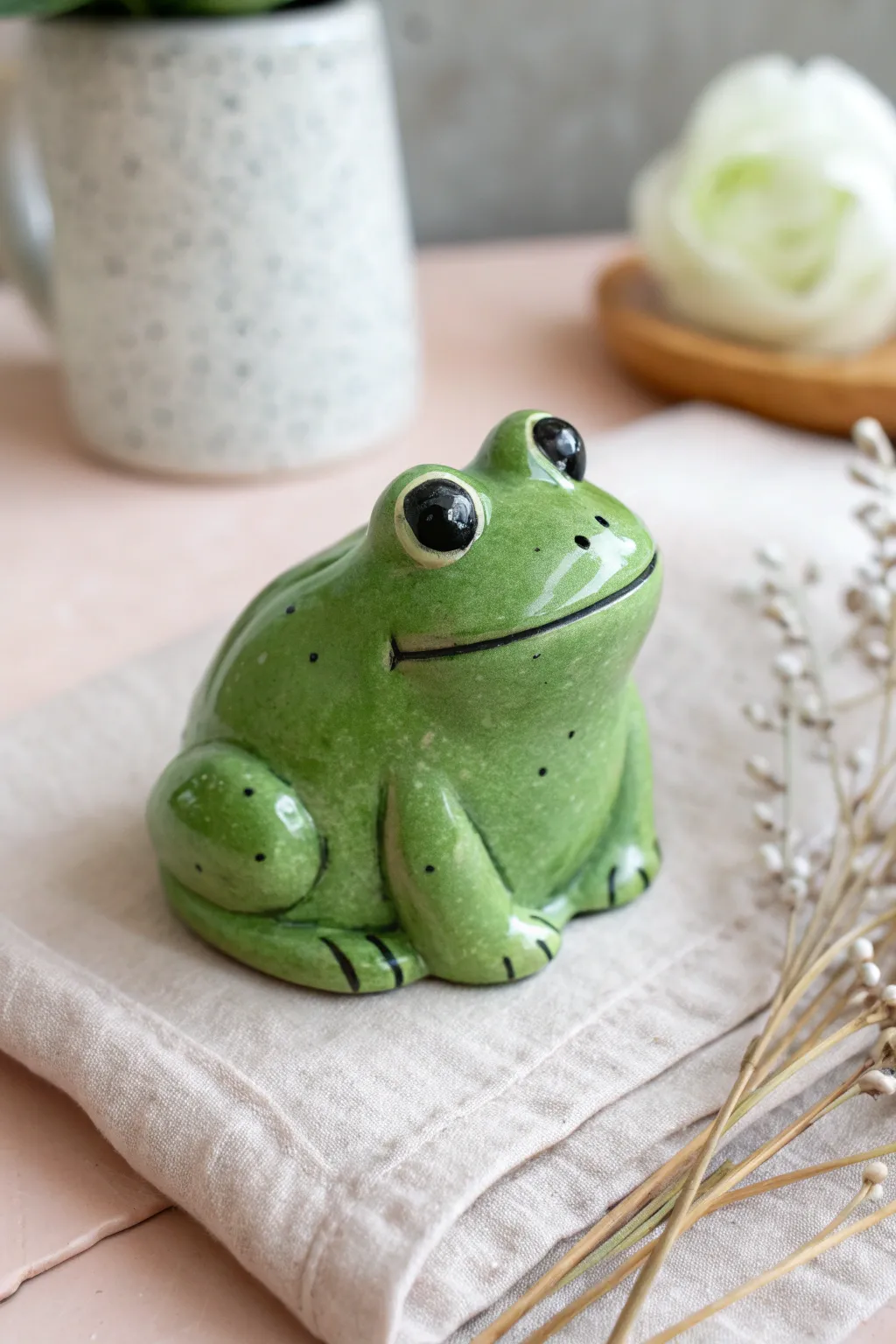 Chubby green clay frog with big eyes and a tiny smile, a sweet beginner-friendly figure.