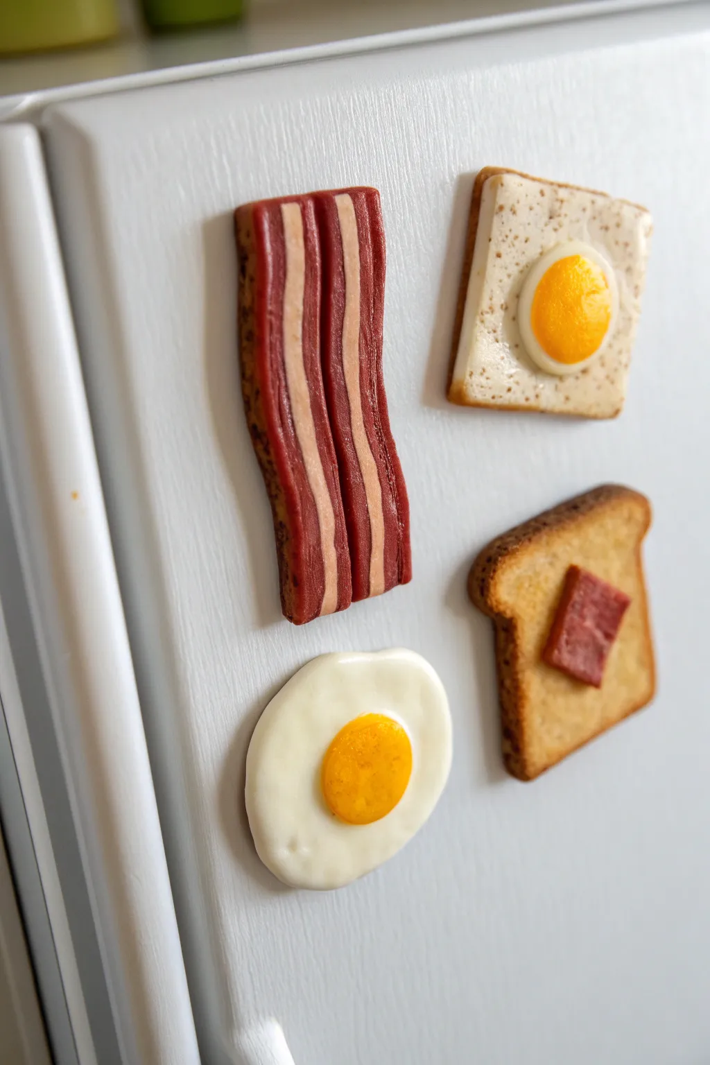 Cute clay breakfast magnet trio in bold tones, minimalist and boho, perfect for brightening any fridge.