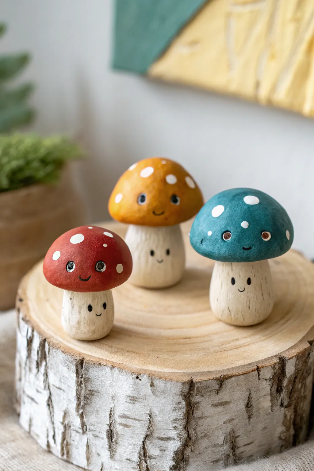 Three tiny clay mushroom friends with bold caps, minimal boho styling, and handmade charm.