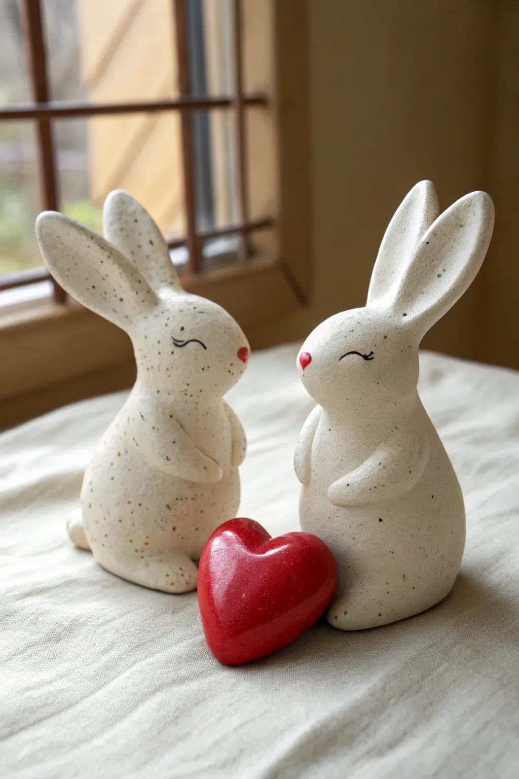 Two simple clay bunnies sharing one bold red heart, minimalist and sweet for DIY love decor.