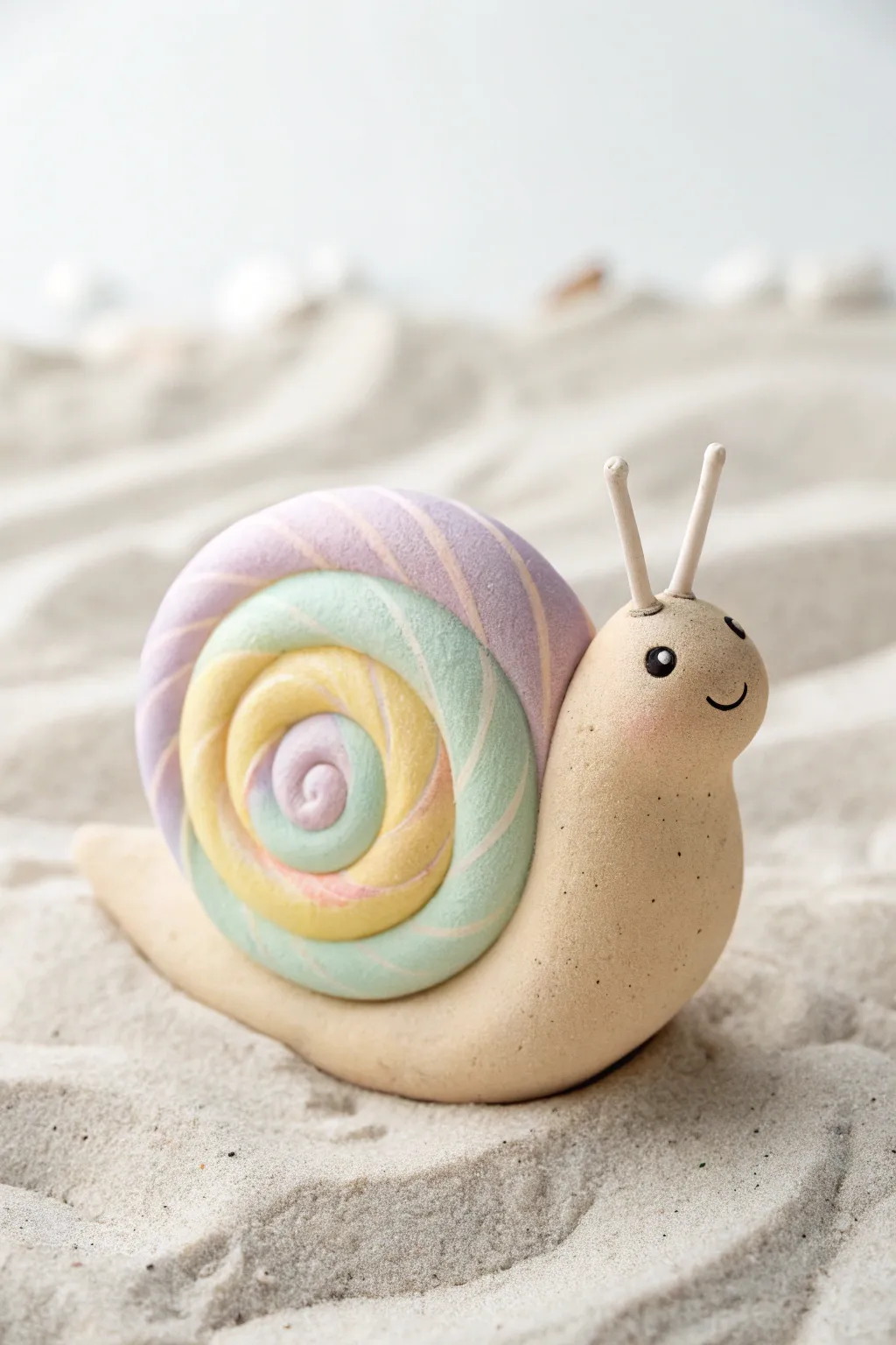 Sweet spiral snail with a pastel swirl shell, minimalist body, and candy colors on clean white.