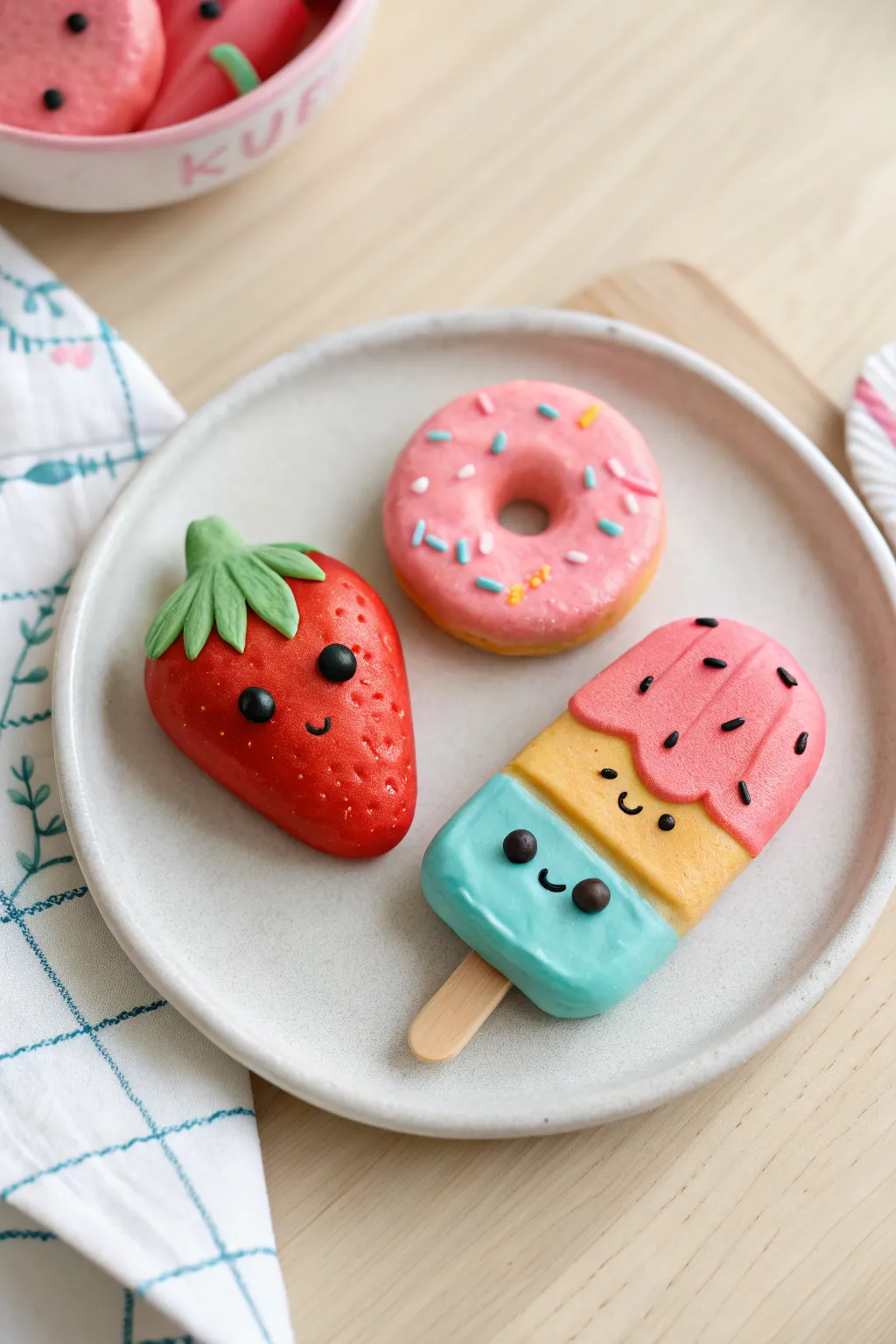 Smiling magic clay snack squad: strawberry, donut, and popsicle in bold colors on a clean backdrop