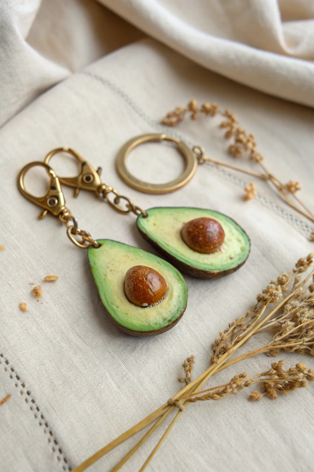 Matching clay avocado half charms on a keyring, minimalist boho pop of color and cute smiles