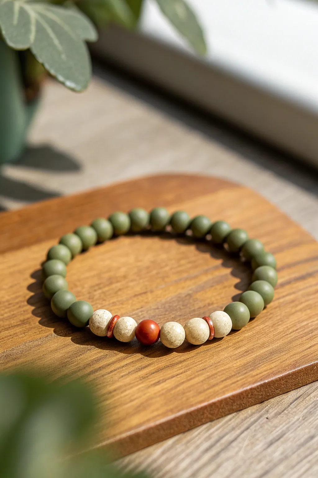 Olive green clay bead bracelet with one bold accent bead, simple, modern, and handmade.