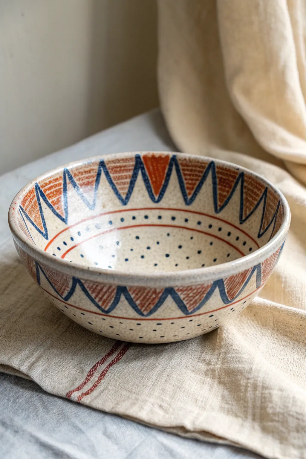 Middle school texture bowl with stamped patterns and bold glaze, styled minimalist with boho warmth.