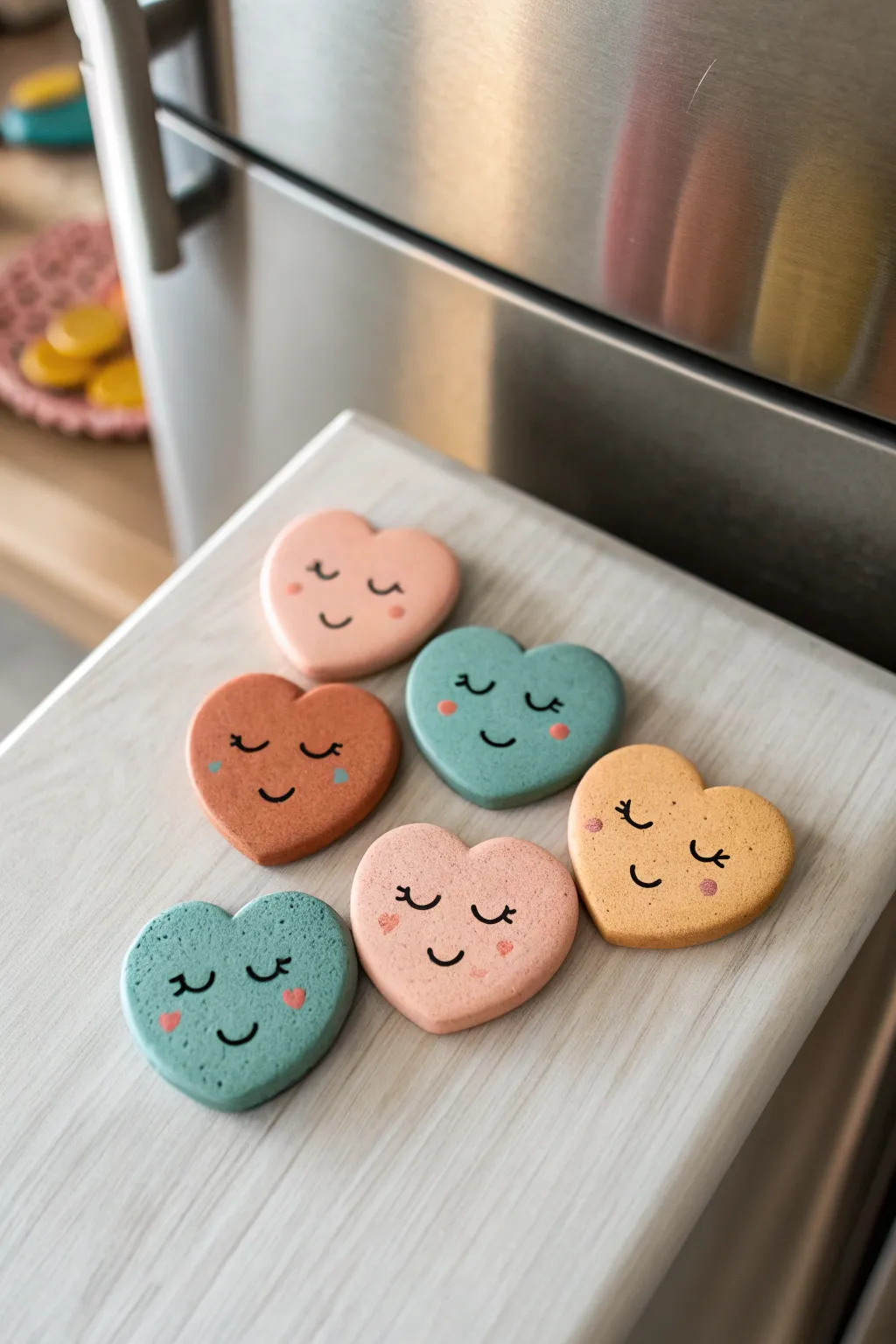 Mini clay face magnets in playful hearts and circles, cozy Scandinavian boho vibe.