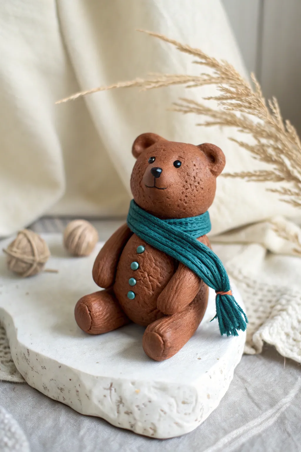 Three tiny clay teddy bears with colorful scarves, simple dot faces, cozy minimalist charm.